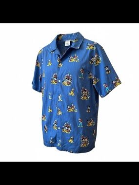 Disney Blue Short-Sleeve Button-Up Shirt with Mickey & Friends Print New